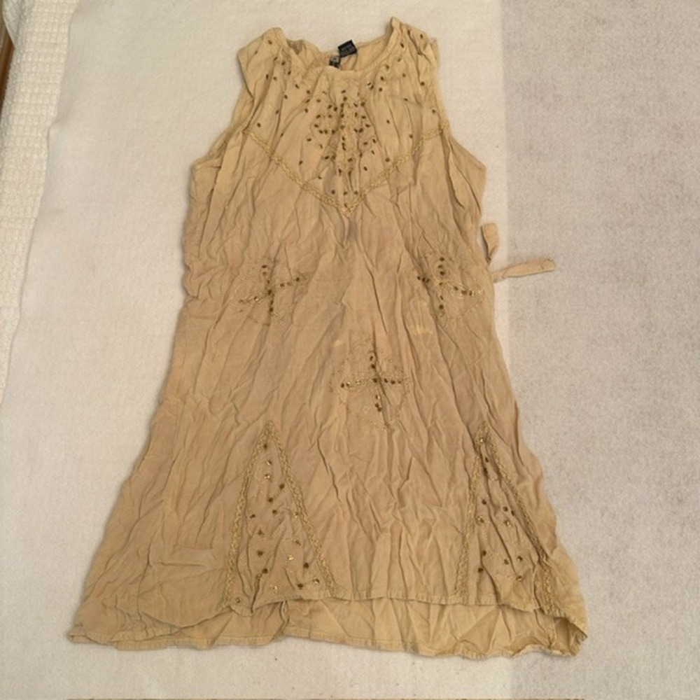 Kaaku Boho Embroidered Beaded Mini Dress Womens Beige Tan Sleeveless Free Size